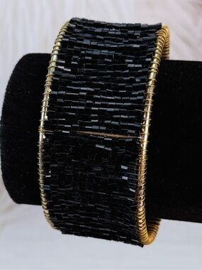 Black Beaded Gold Tone Wide Open Cuff Statement Bracelet